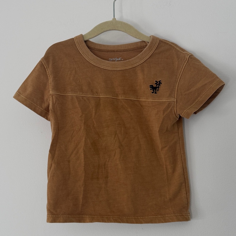 Cat & Jack Mustard Color Kids Short Sleeve Tee Dinosaur Logo Embroidery Size 2T